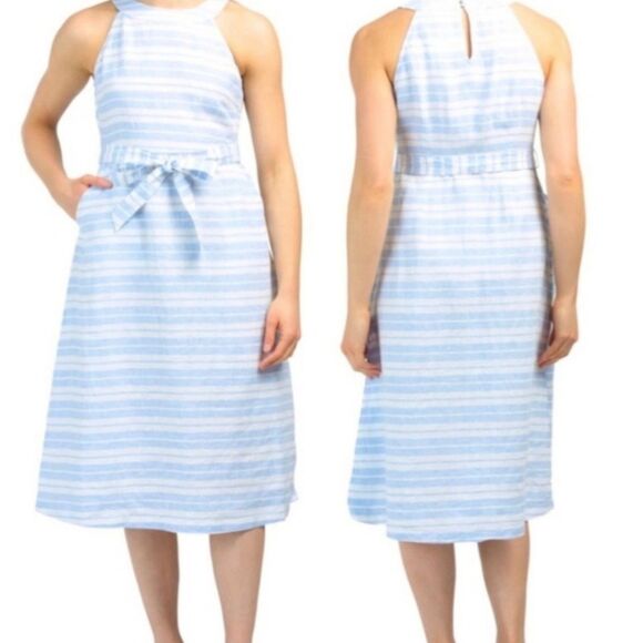 100% Linen Sigrid Olsen Midi Dress Blue White Dutch Stripe 10 - Picture 1 of 12